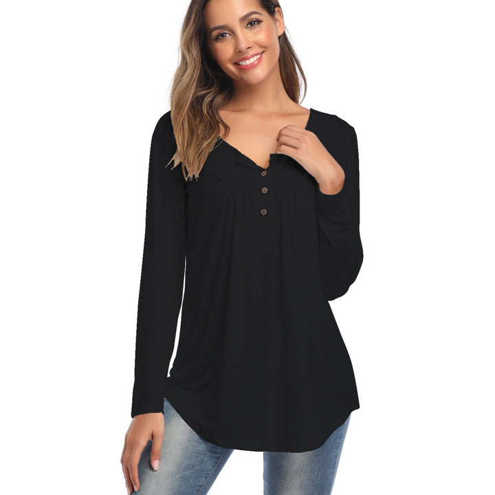 Womens Casual Long Sleeve Henley V-Neck Loose Tunic Shirt Blouse Tops Image 2