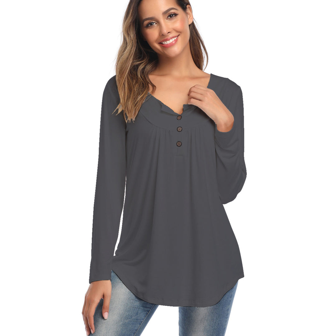 Womens Casual Long Sleeve Henley V-Neck Loose Tunic Shirt Blouse Tops Image 4