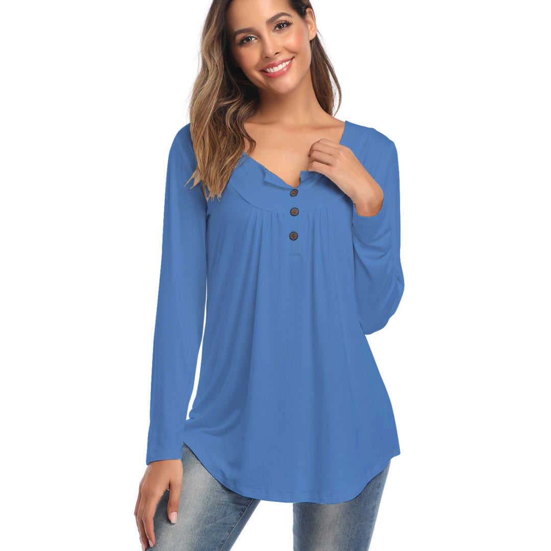 Womens Casual Long Sleeve Henley V-Neck Loose Tunic Shirt Blouse Tops Image 7