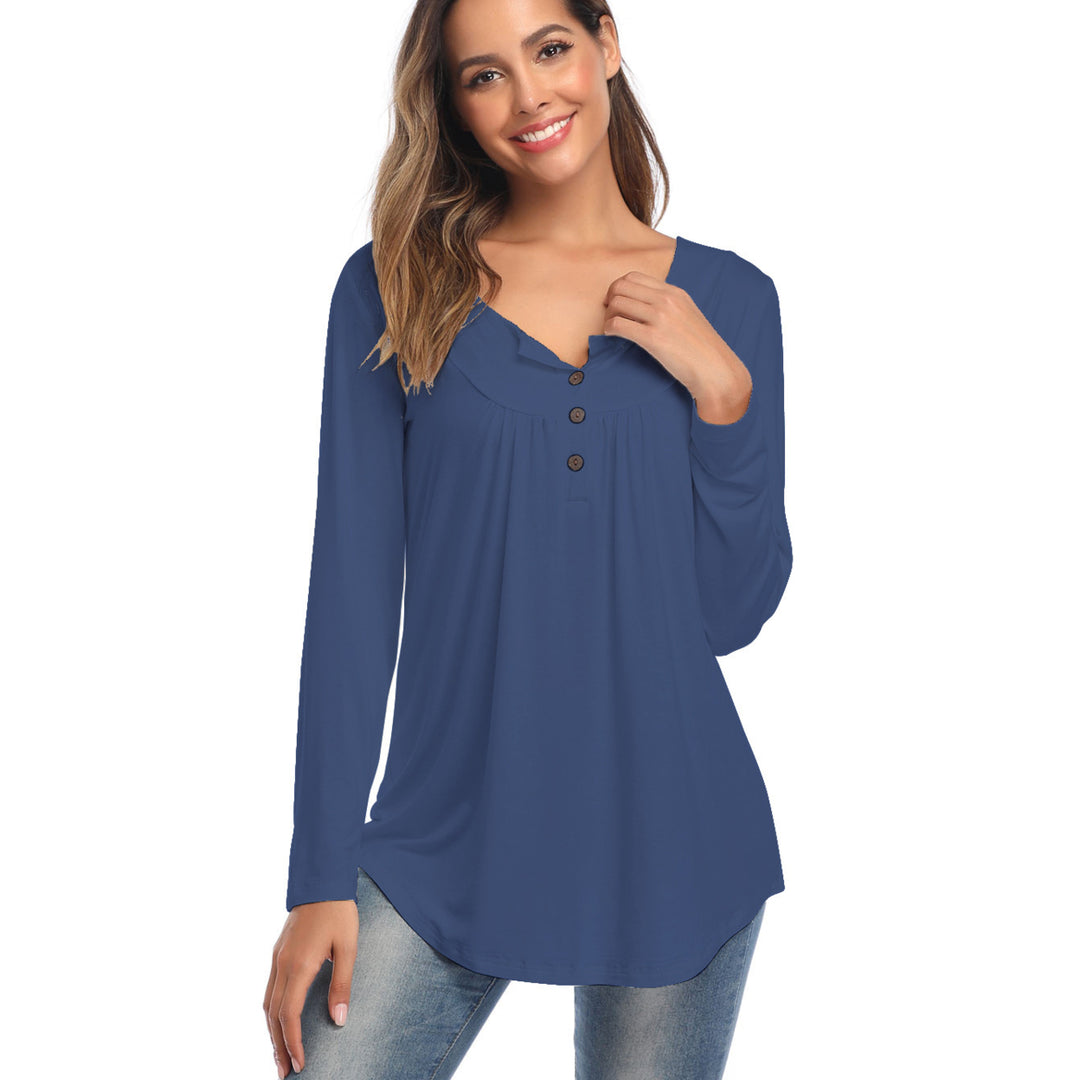 Womens Casual Long Sleeve Henley V-Neck Loose Tunic Shirt Blouse Tops Image 8