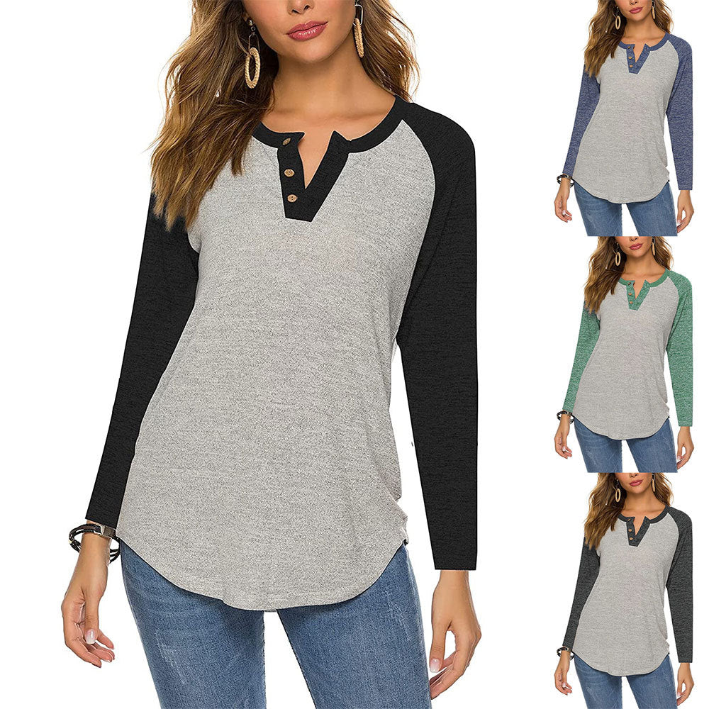 Womens Raglan Round Neck Long Sleeve Blouse Basic Button Henley Shirt Image 1