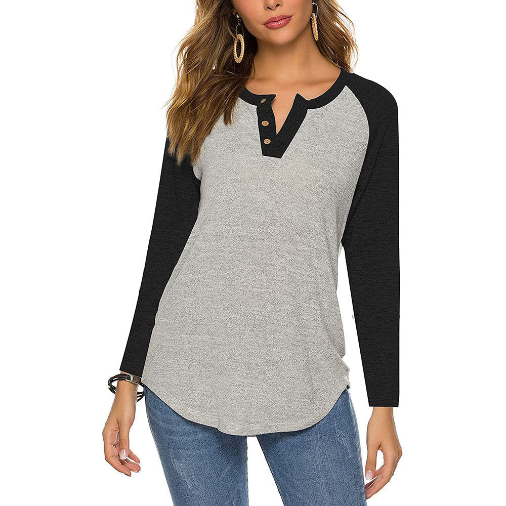 Womens Raglan Round Neck Long Sleeve Blouse Basic Button Henley Shirt Image 2