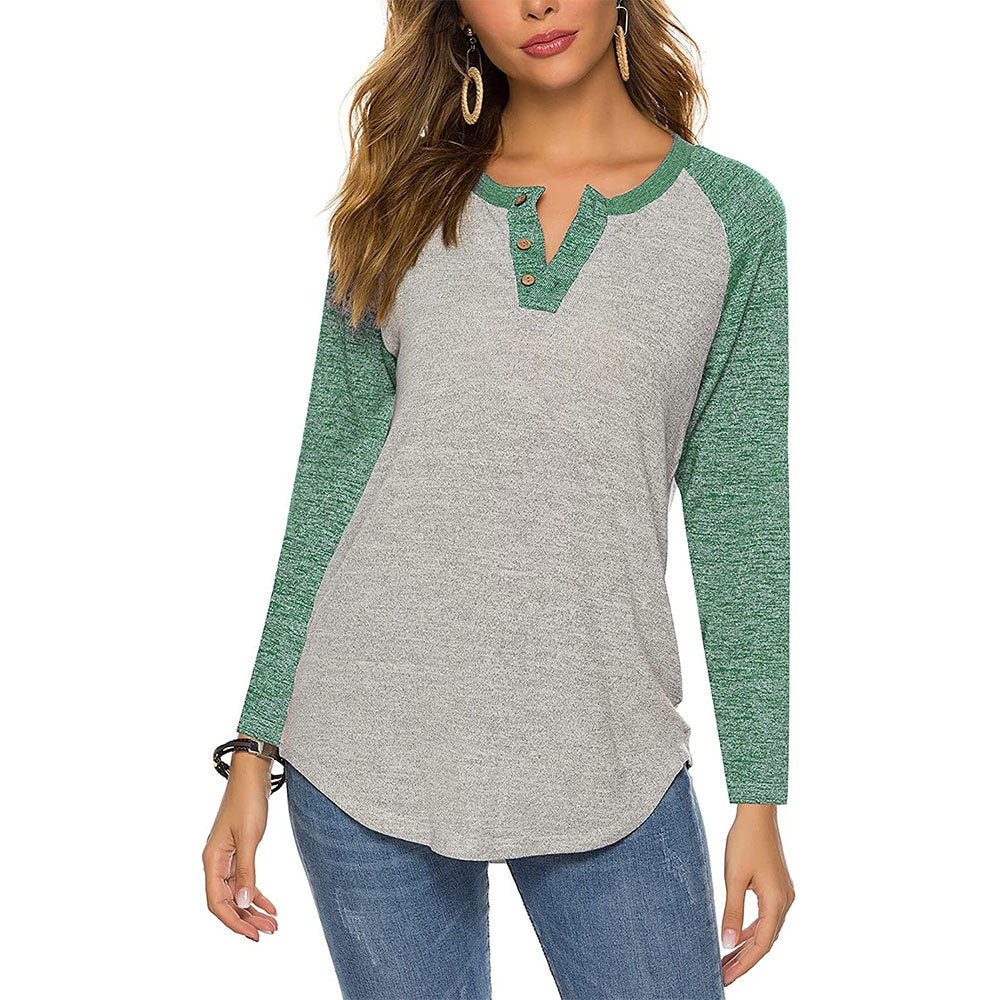 Womens Raglan Round Neck Long Sleeve Blouse Basic Button Henley Shirt Image 4