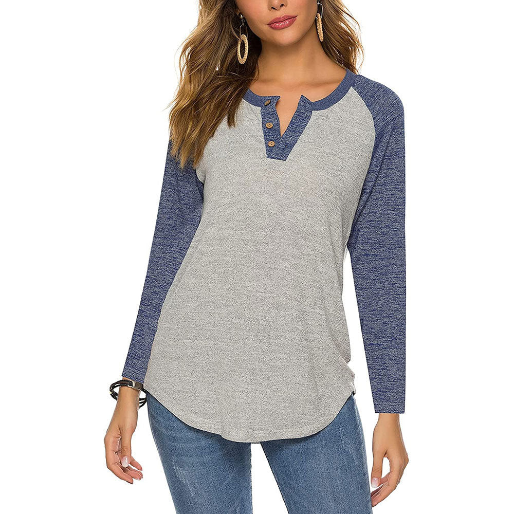 Womens Raglan Round Neck Long Sleeve Blouse Basic Button Henley Shirt Image 6