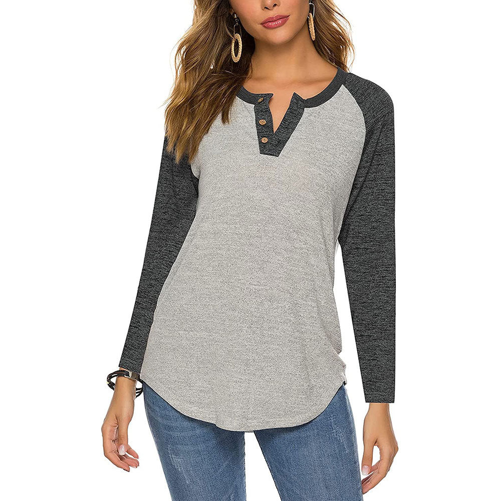 Womens Raglan Round Neck Long Sleeve Blouse Basic Button Henley Shirt Image 7