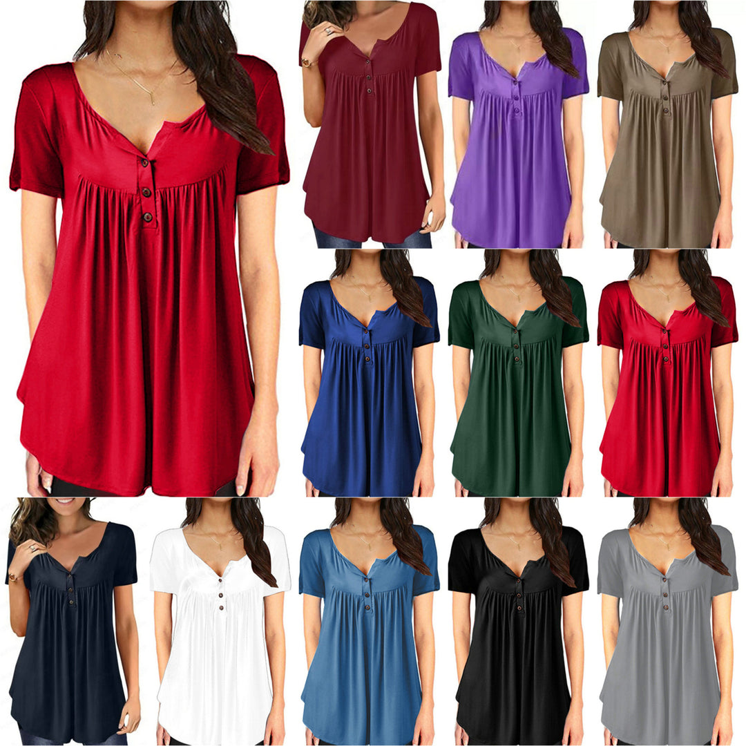 Womens Casual Long Sleeve Henley V-Neck Loose Fit Pleated Tunic Shirt Blouse Tops Image 1