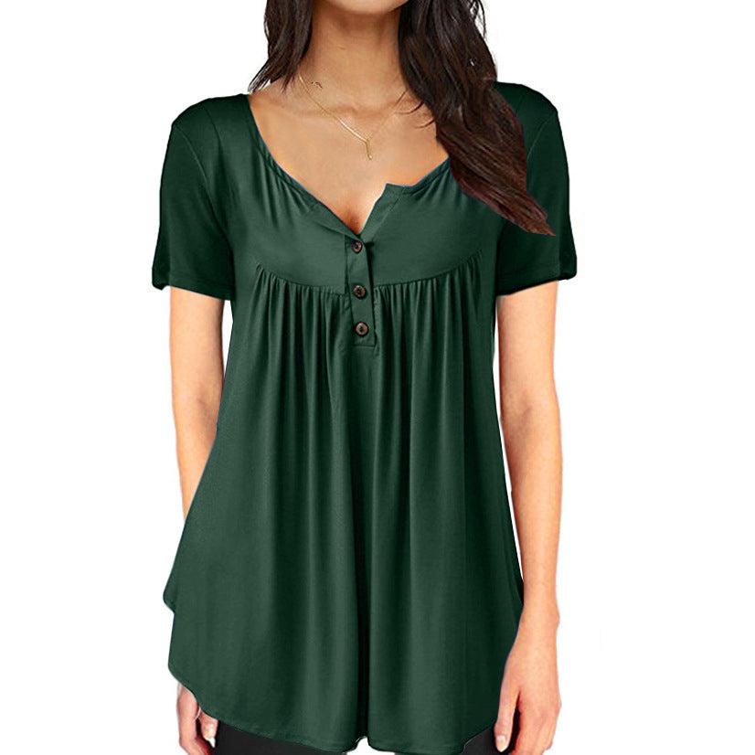 Womens Casual Long Sleeve Henley V-Neck Loose Fit Pleated Tunic Shirt Blouse Tops Image 3