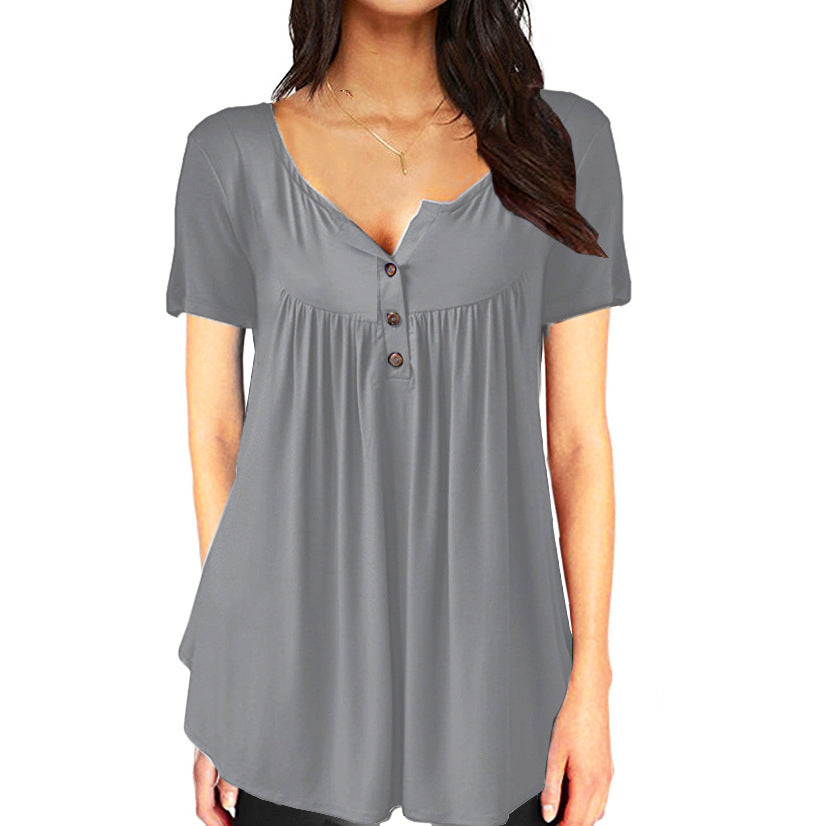 Womens Casual Long Sleeve Henley V-Neck Loose Fit Pleated Tunic Shirt Blouse Tops Image 4