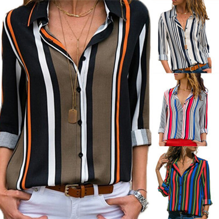 Womens V Neck Striped Roll up Sleeve Button Down Blouses Top Image 1