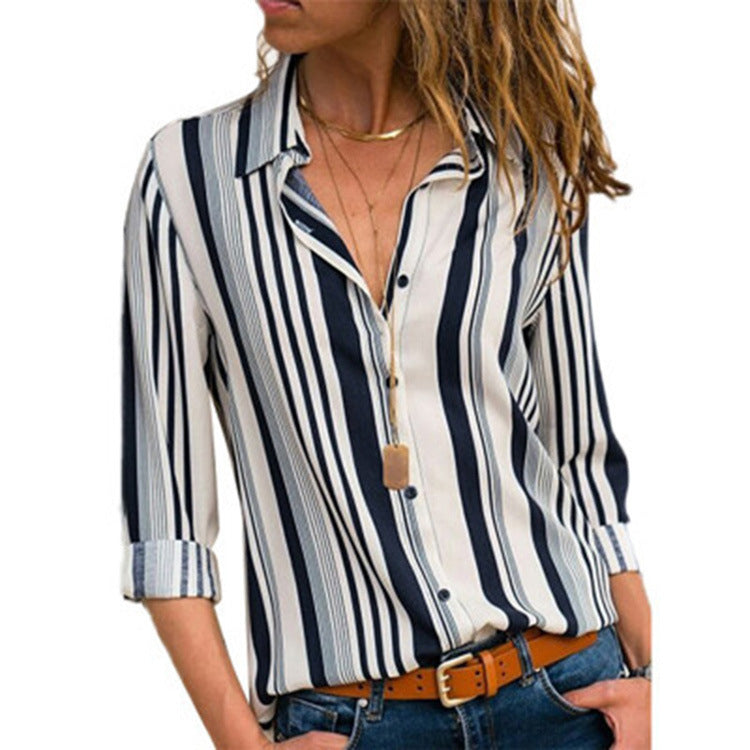 Womens V Neck Striped Roll up Sleeve Button Down Blouses Top Image 2