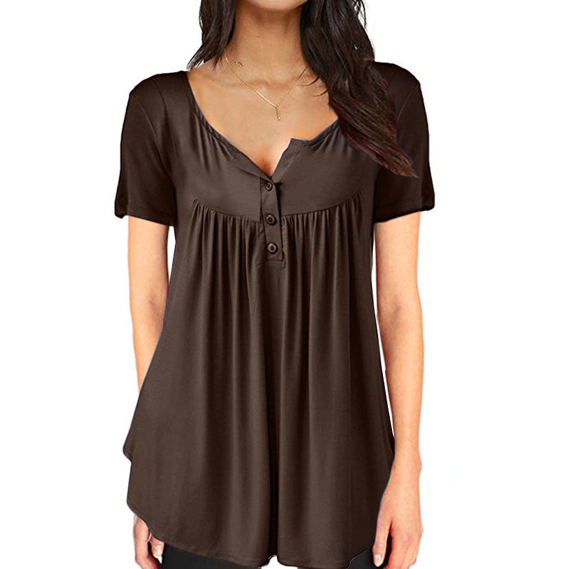 Womens Casual Long Sleeve Henley V-Neck Loose Fit Pleated Tunic Shirt Blouse Tops Image 7