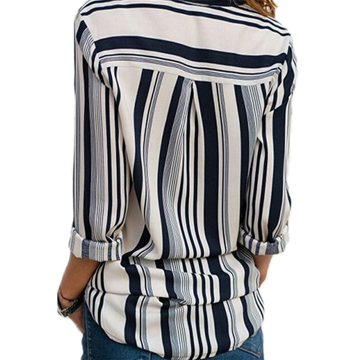 Womens V Neck Striped Roll up Sleeve Button Down Blouses Top Image 3