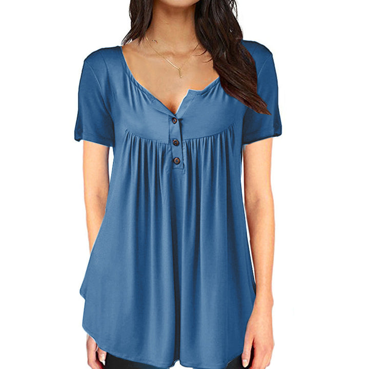 Womens Casual Long Sleeve Henley V-Neck Loose Fit Pleated Tunic Shirt Blouse Tops Image 9