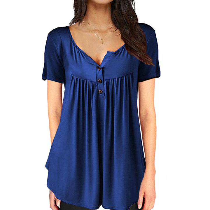 Womens Casual Long Sleeve Henley V-Neck Loose Fit Pleated Tunic Shirt Blouse Tops Image 10