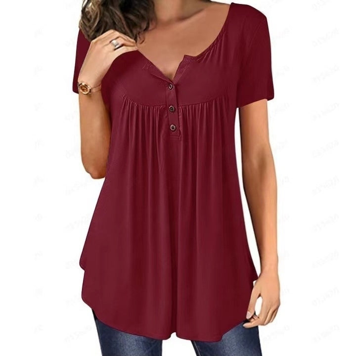 Womens Casual Long Sleeve Henley V-Neck Loose Fit Pleated Tunic Shirt Blouse Tops Image 11