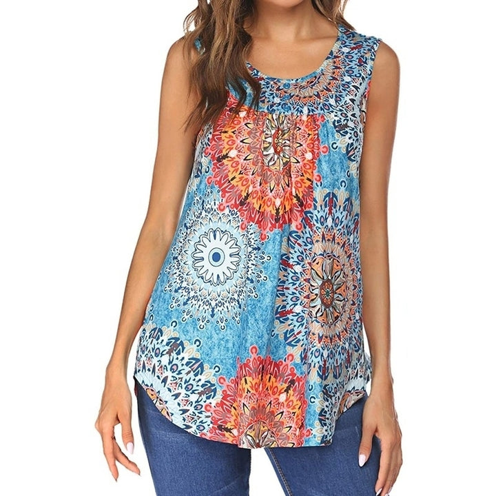 Womens Printed Pleated Sleeveless Blouse Shirt Casual Flare Tunic Tank Top Image 1