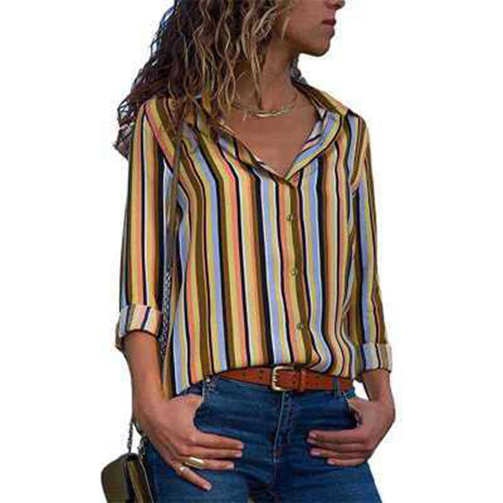 Womens V Neck Striped Roll up Sleeve Button Down Blouses Top Image 4