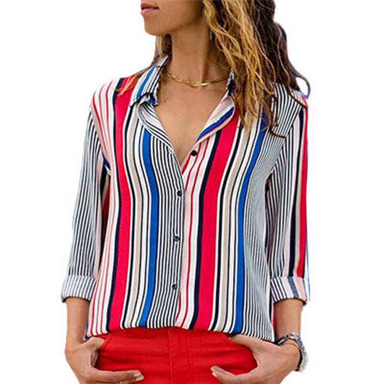 Womens V Neck Striped Roll up Sleeve Button Down Blouses Top Image 4