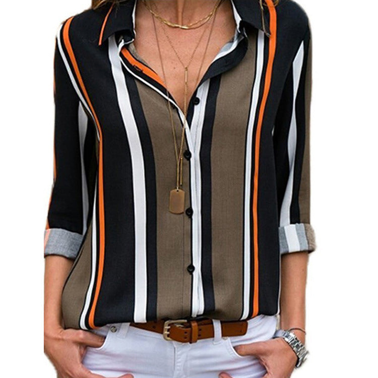 Womens V Neck Striped Roll up Sleeve Button Down Blouses Top Image 6