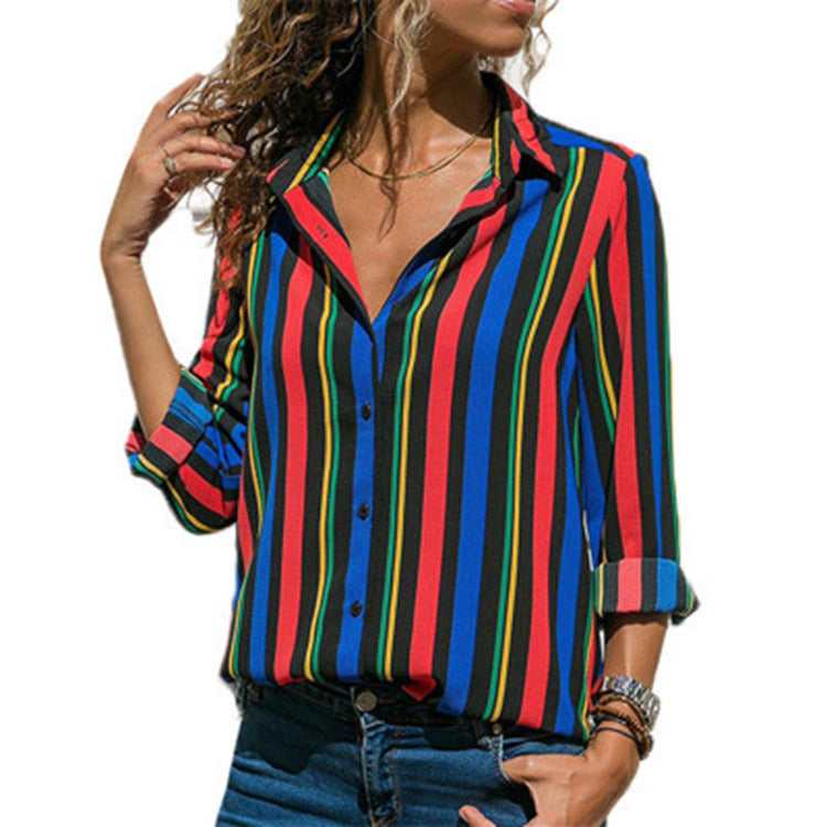 Womens V Neck Striped Roll up Sleeve Button Down Blouses Top Image 7