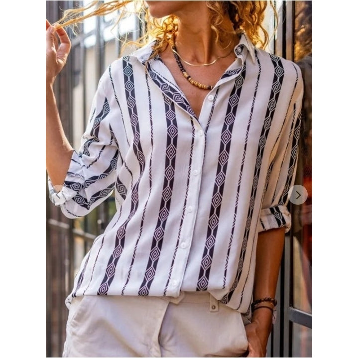 Womens V Neck Striped Roll up Sleeve Button Down Blouses Top Image 8