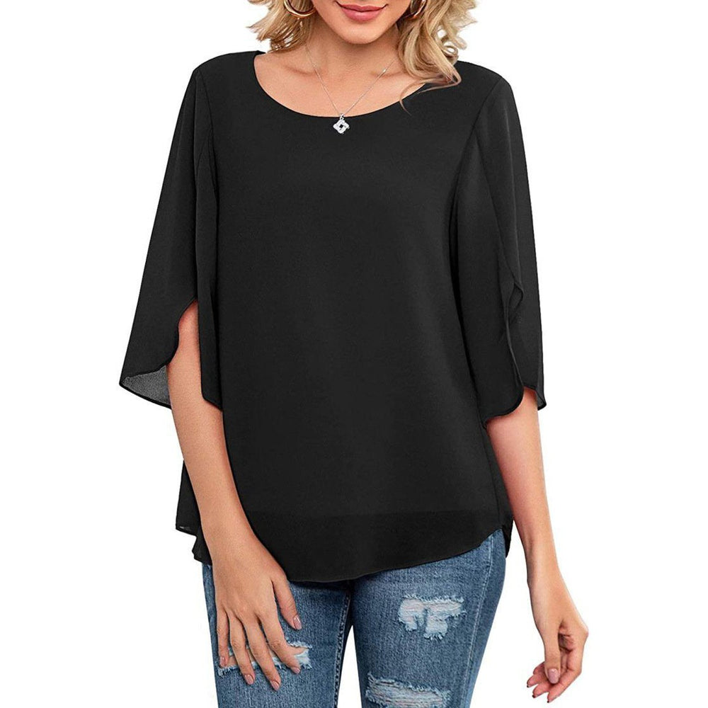 Womens Casual Scoop Neck Loose Top 3/4 Sleeve Chiffon Blouse Shirt Tops Image 2