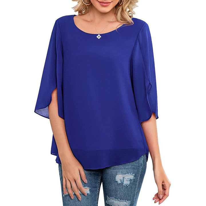 Womens Casual Scoop Neck Loose Top 3/4 Sleeve Chiffon Blouse Shirt Tops Image 3