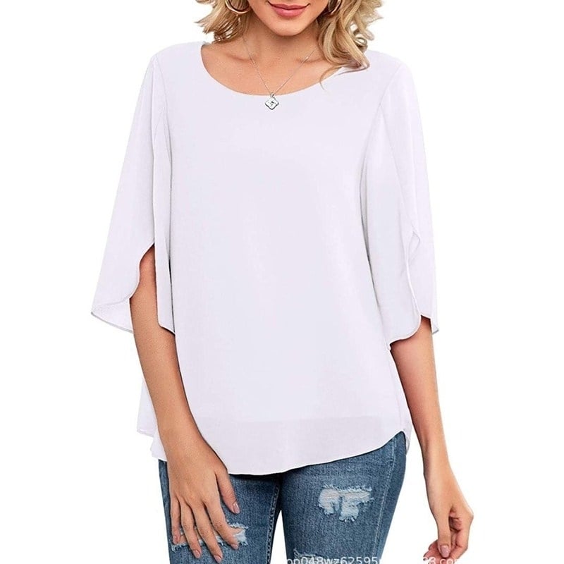 Womens Casual Scoop Neck Loose Top 3/4 Sleeve Chiffon Blouse Shirt Tops Image 1