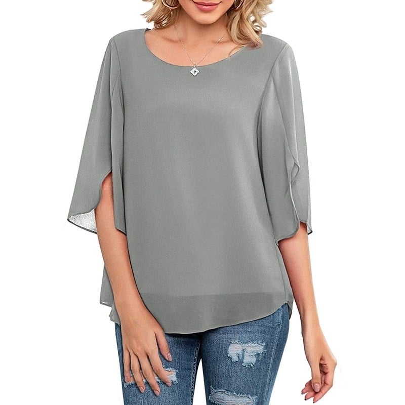 Womens Casual Scoop Neck Loose Top 3/4 Sleeve Chiffon Blouse Shirt Tops Image 1