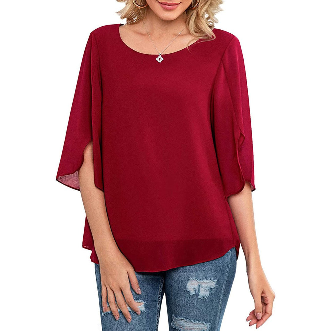 Womens Casual Scoop Neck Loose Top 3/4 Sleeve Chiffon Blouse Shirt Tops Image 7