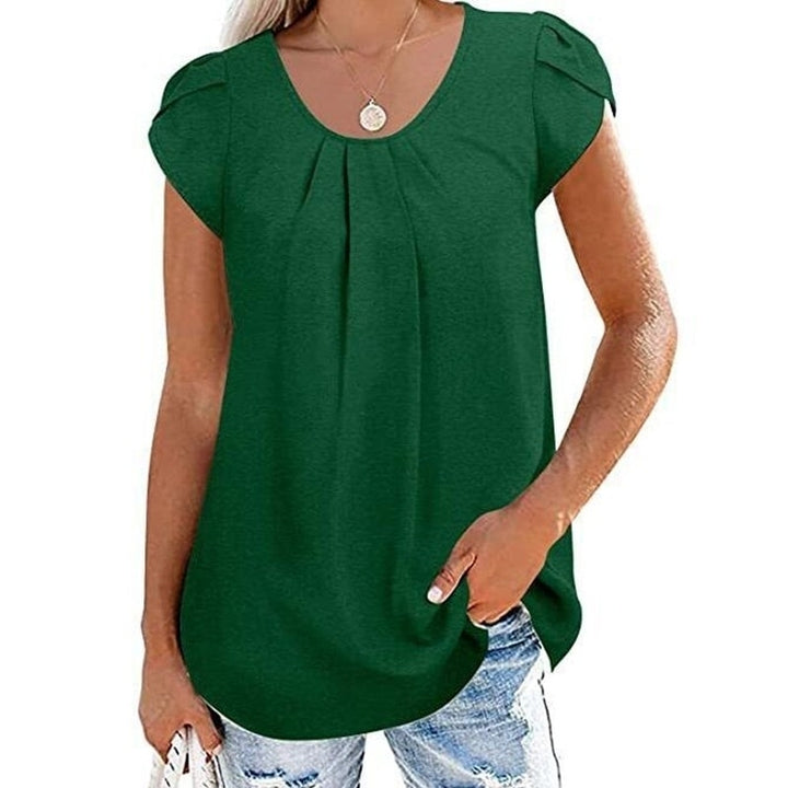 Womens Casual Round Neck Basic Pleated Top Cap Sleeve Curved Image 1