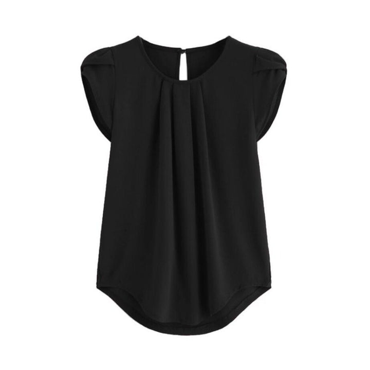 Womens Casual Round Neck Basic Pleated Top Cap Sleeve Curved Image 2