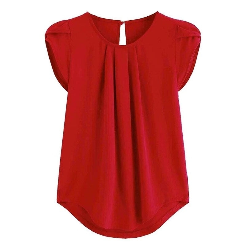 Womens Casual Round Neck Basic Pleated Top Cap Sleeve Curved Image 3