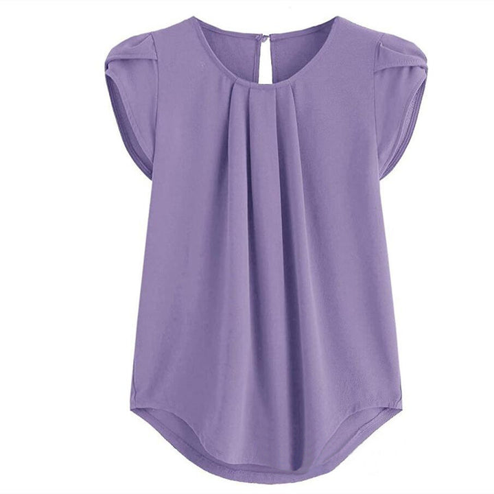 Womens Casual Round Neck Basic Pleated Top Cap Sleeve Curved Image 4