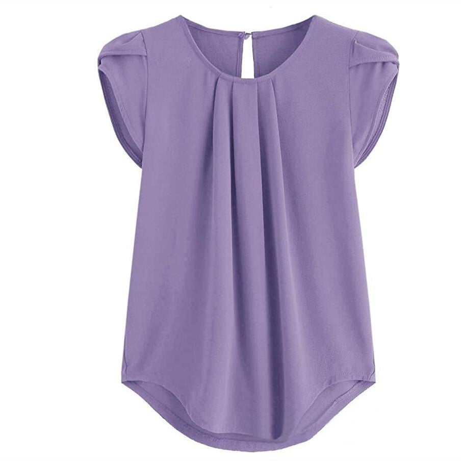 Womens Casual Round Neck Basic Pleated Top Cap Sleeve Curved Image 1