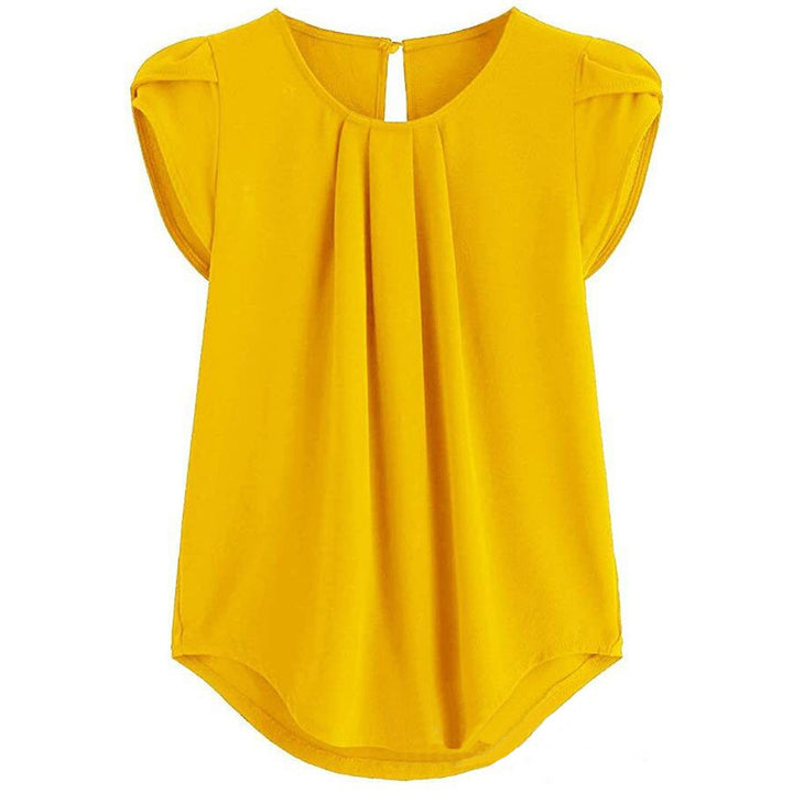 Womens Casual Round Neck Basic Pleated Top Cap Sleeve Curved Image 6