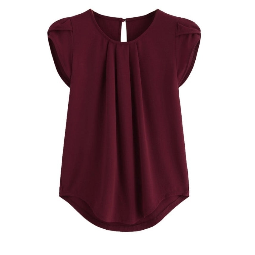 Womens Casual Round Neck Basic Pleated Top Cap Sleeve Curved Image 9