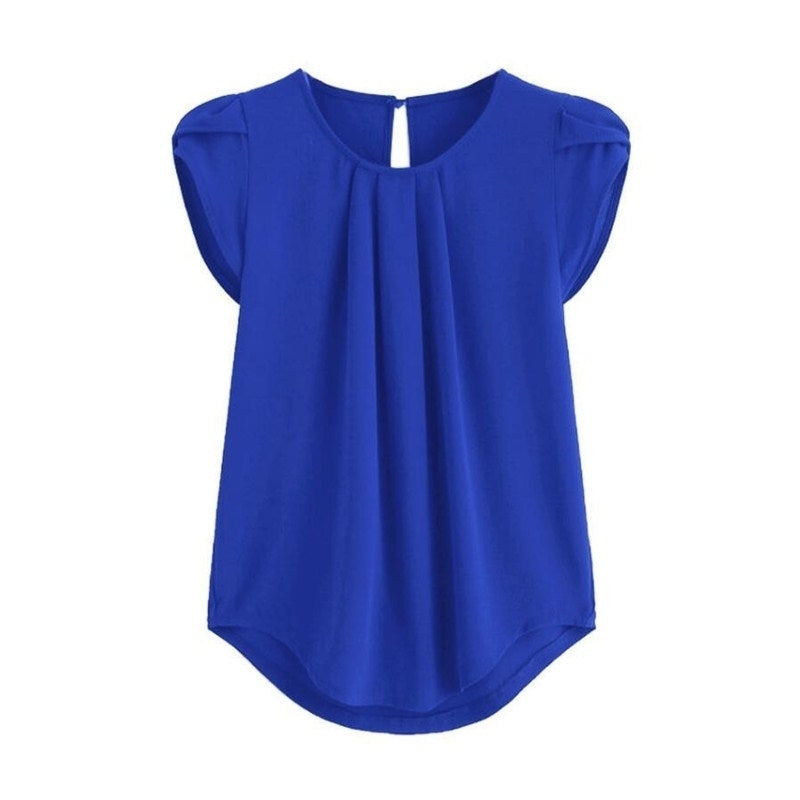 Womens Casual Round Neck Basic Pleated Top Cap Sleeve Curved Image 10