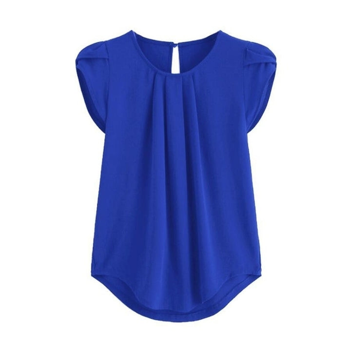 Womens Casual Round Neck Basic Pleated Top Cap Sleeve Curved Image 10