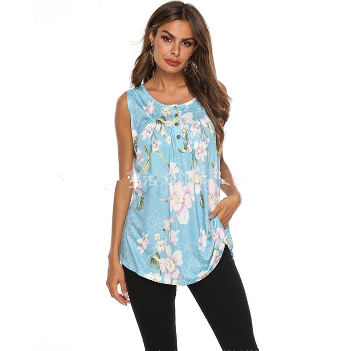 Womens Printed Pleated Sleeveless Blouse Shirt Casual Flare Tunic Tank Top Image 4