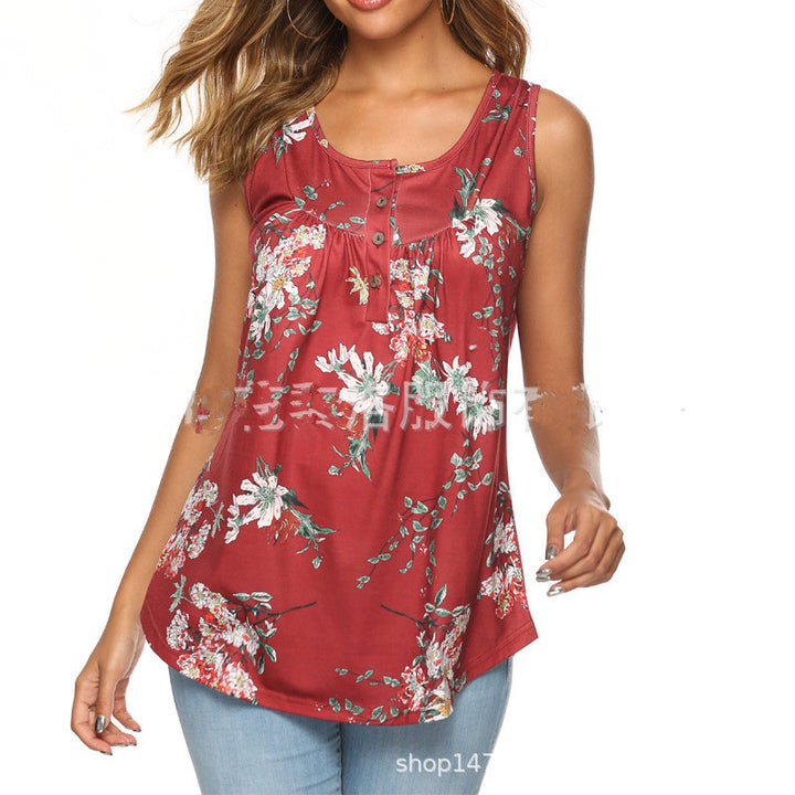 Womens Printed Pleated Sleeveless Blouse Shirt Casual Flare Tunic Tank Top Image 4