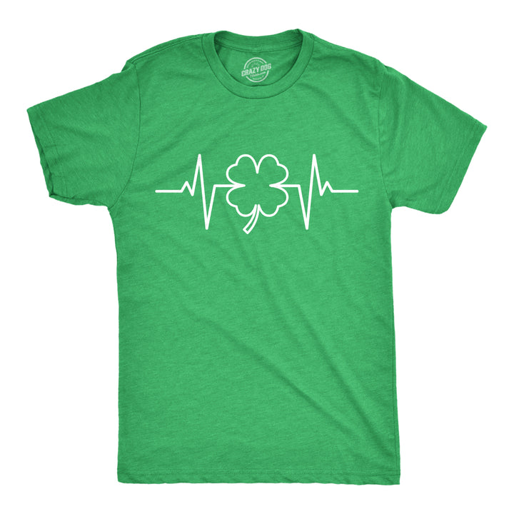 Mens Saint Patricks Heart Beat Tshirt Funny Pulse Monitor Line Clover St. Paddys Day Parade Novelty Tee For Guys Image 1