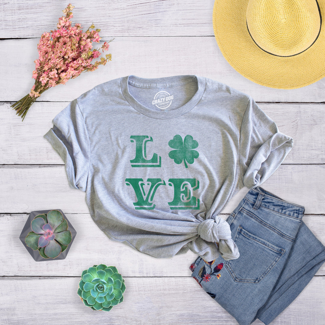 Womens LOVE Lucky Clover Saint Patricks Day Cute Irish St Patty Shamrock T Shirt Image 4