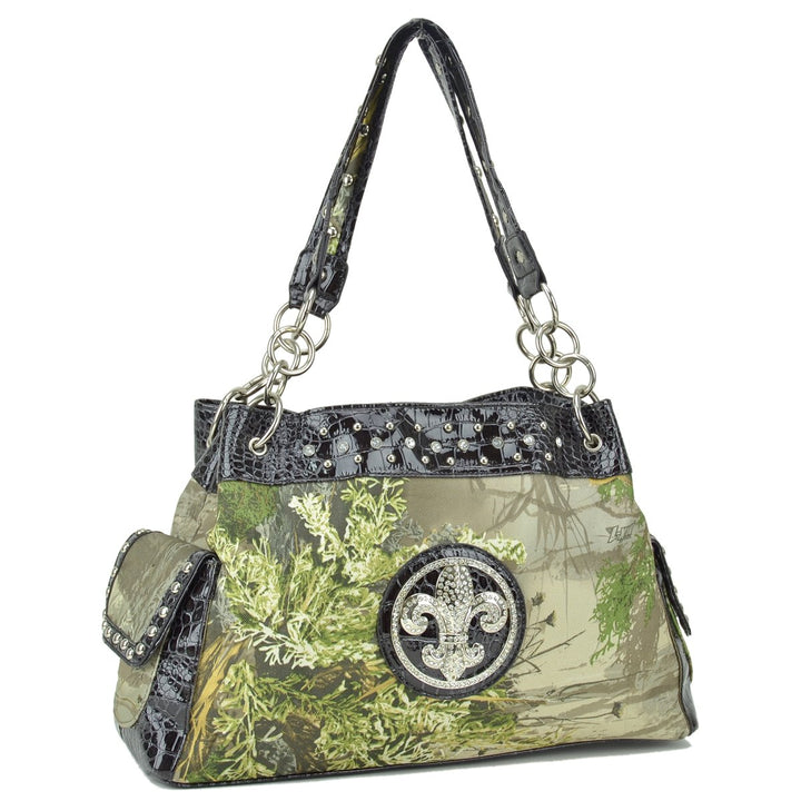 Studded Hobo Bag Shoulder Tote Women Camouflage Croc Trim Zippered Pockets 16"W Image 2