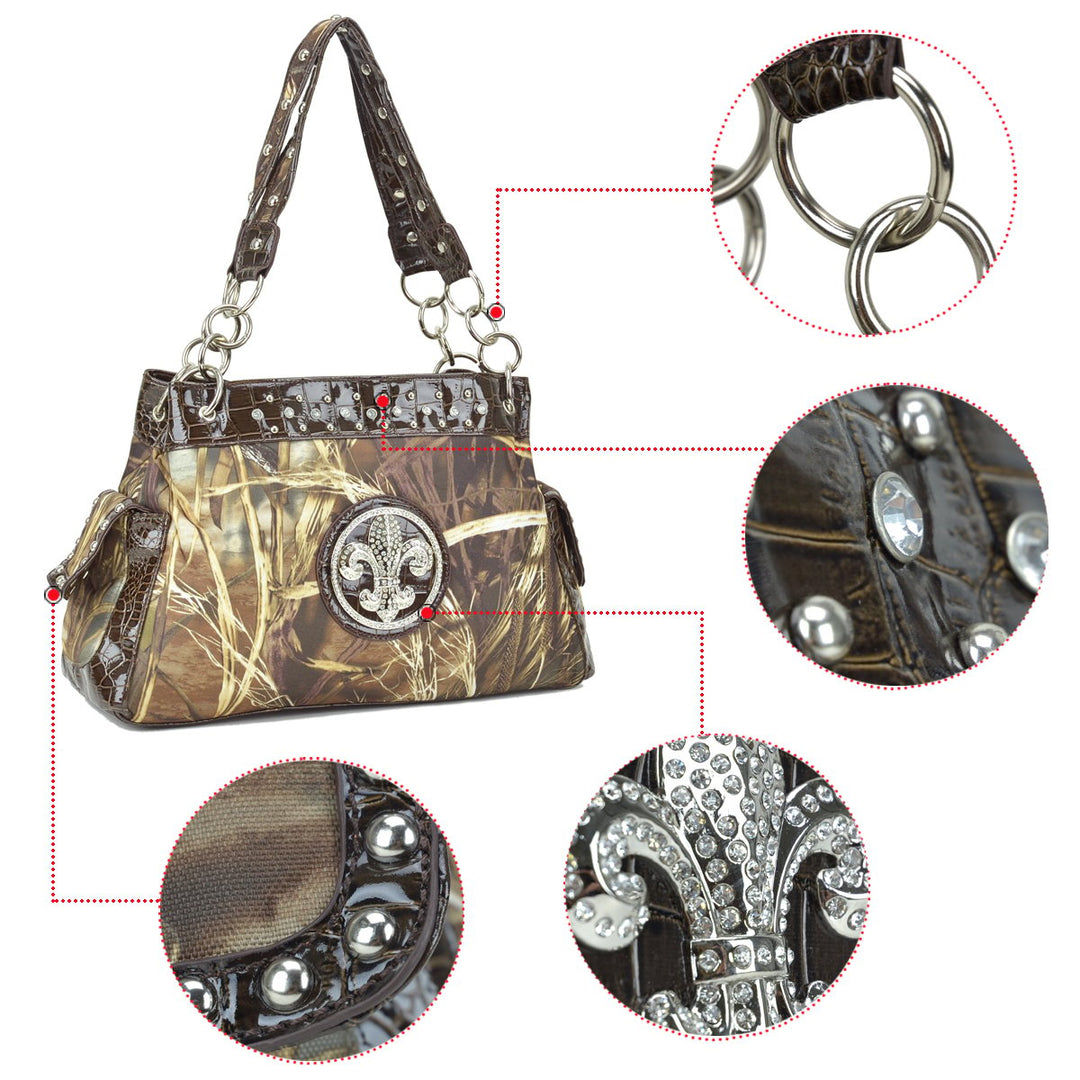 Studded Hobo Bag Shoulder Tote Women Camouflage Croc Trim Zippered Pockets 16"W Image 7