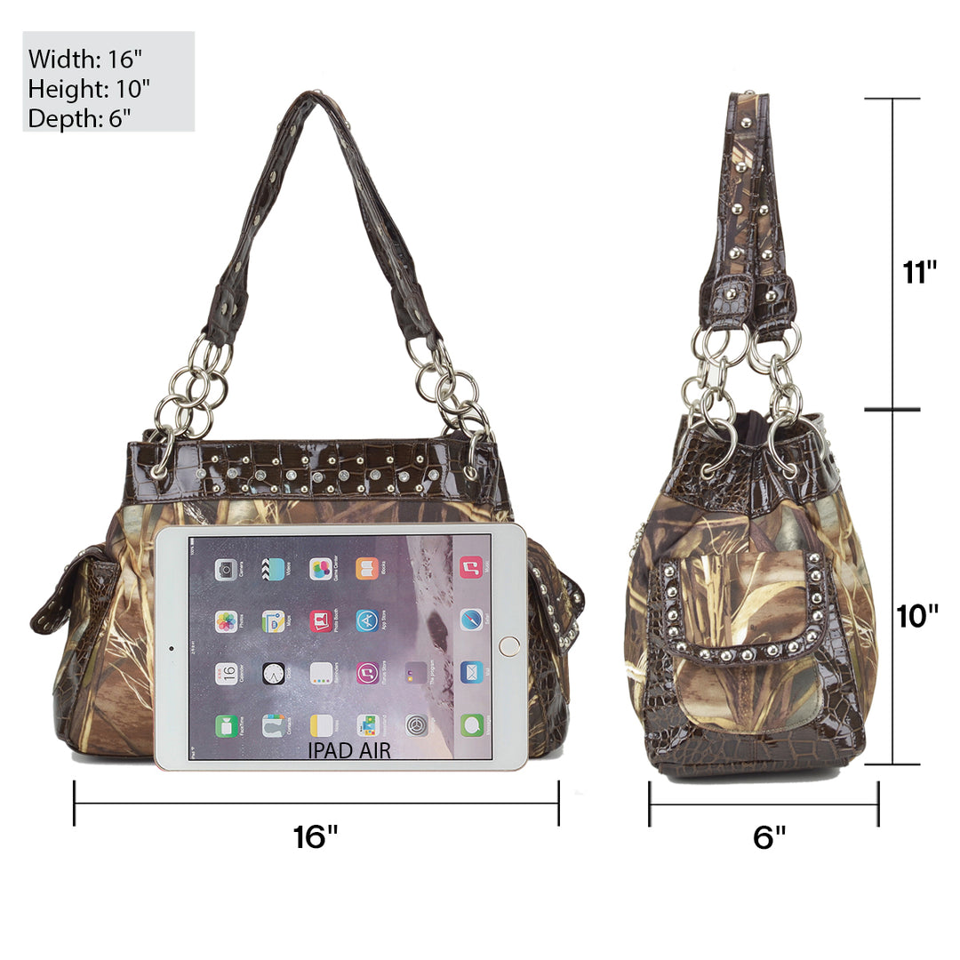 Studded Hobo Bag Shoulder Tote Women Camouflage Croc Trim Zippered Pockets 16"W Image 9