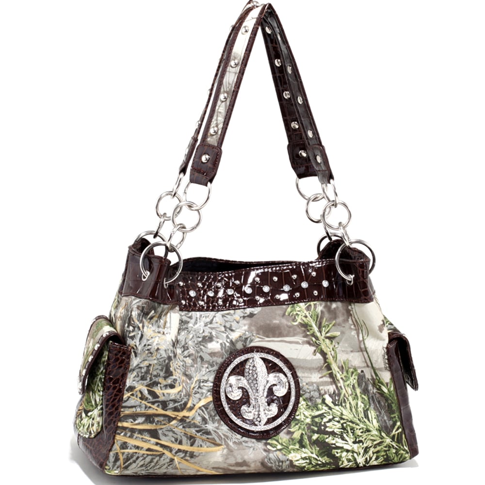 Studded Hobo Bag Shoulder Tote Women Camouflage Croc Trim Zippered Pockets 16"W Image 3