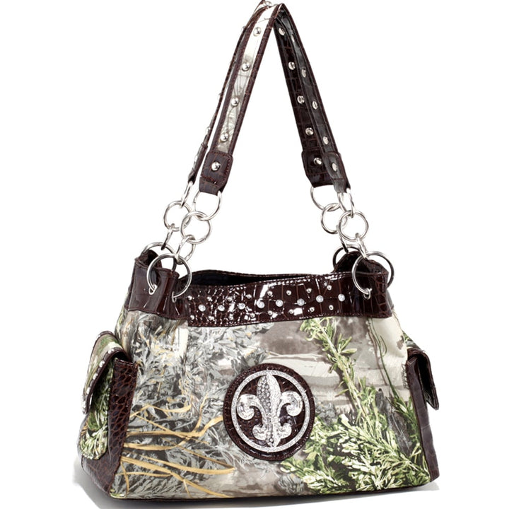 Studded Hobo Bag Shoulder Tote Women Camouflage Croc Trim Zippered Pockets 16"W Image 1