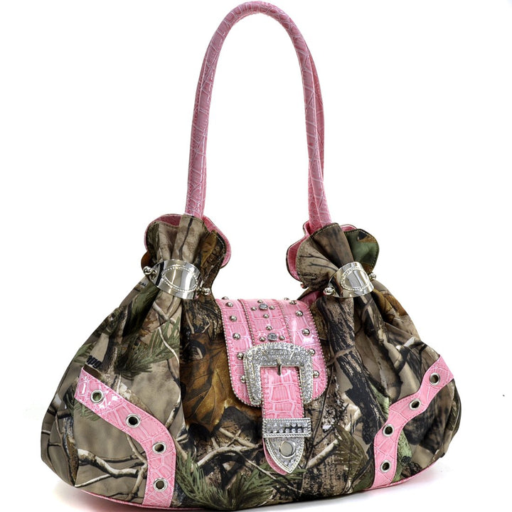 Camouflage Laptop Shoulder Bag with Rhinestone Buckle Croc Trim 16" W Image 1