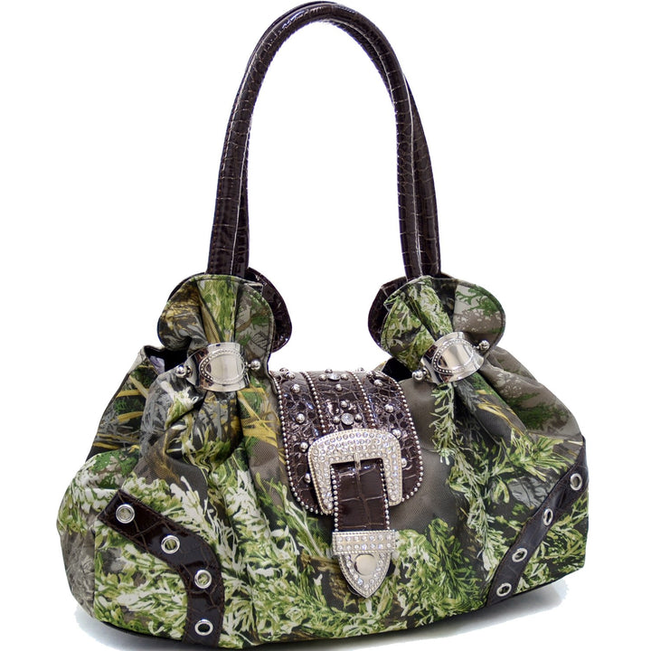 Camouflage Laptop Shoulder Bag with Rhinestone Buckle Croc Trim 16" W Image 1